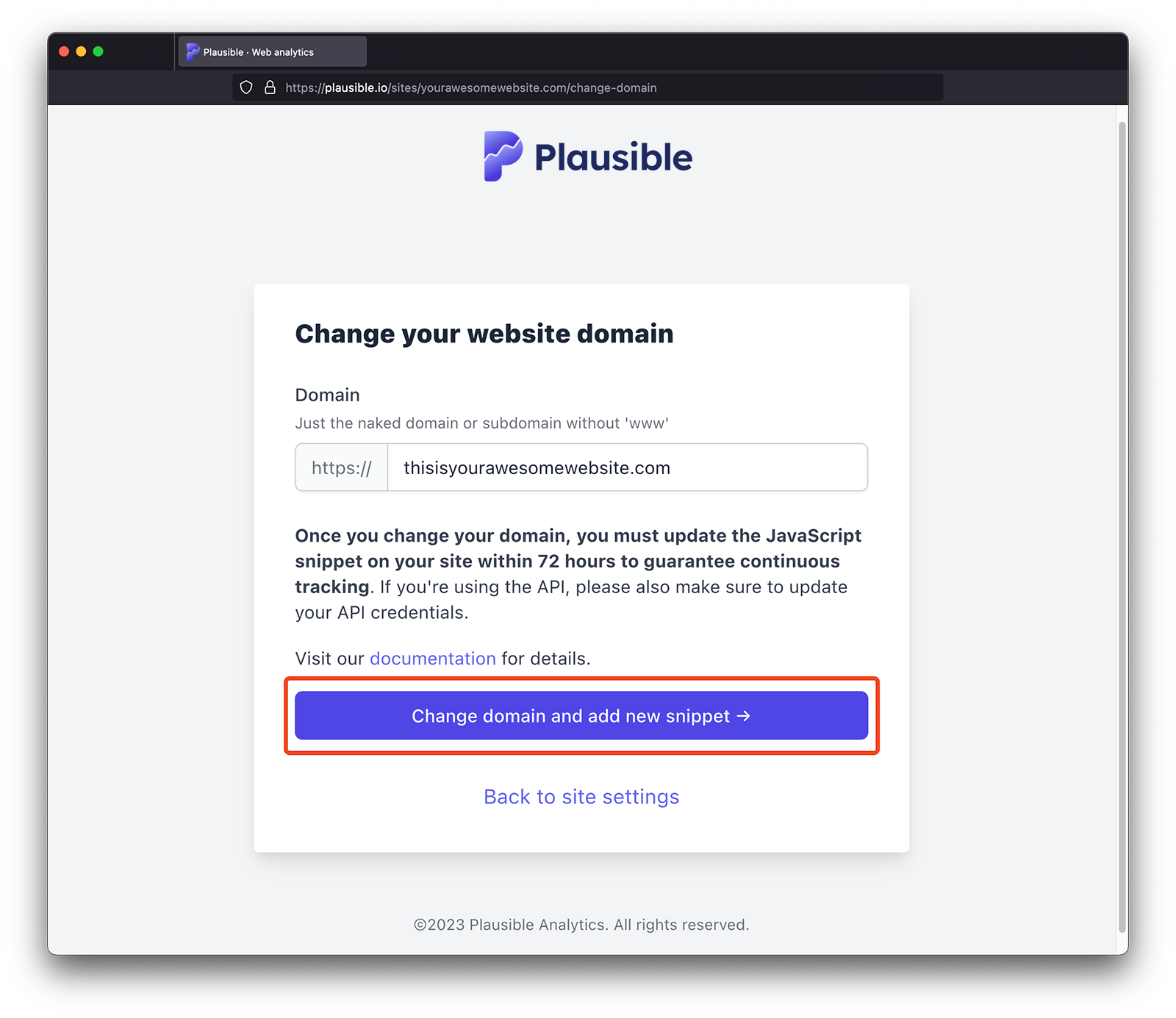 Change domain name in Plausible