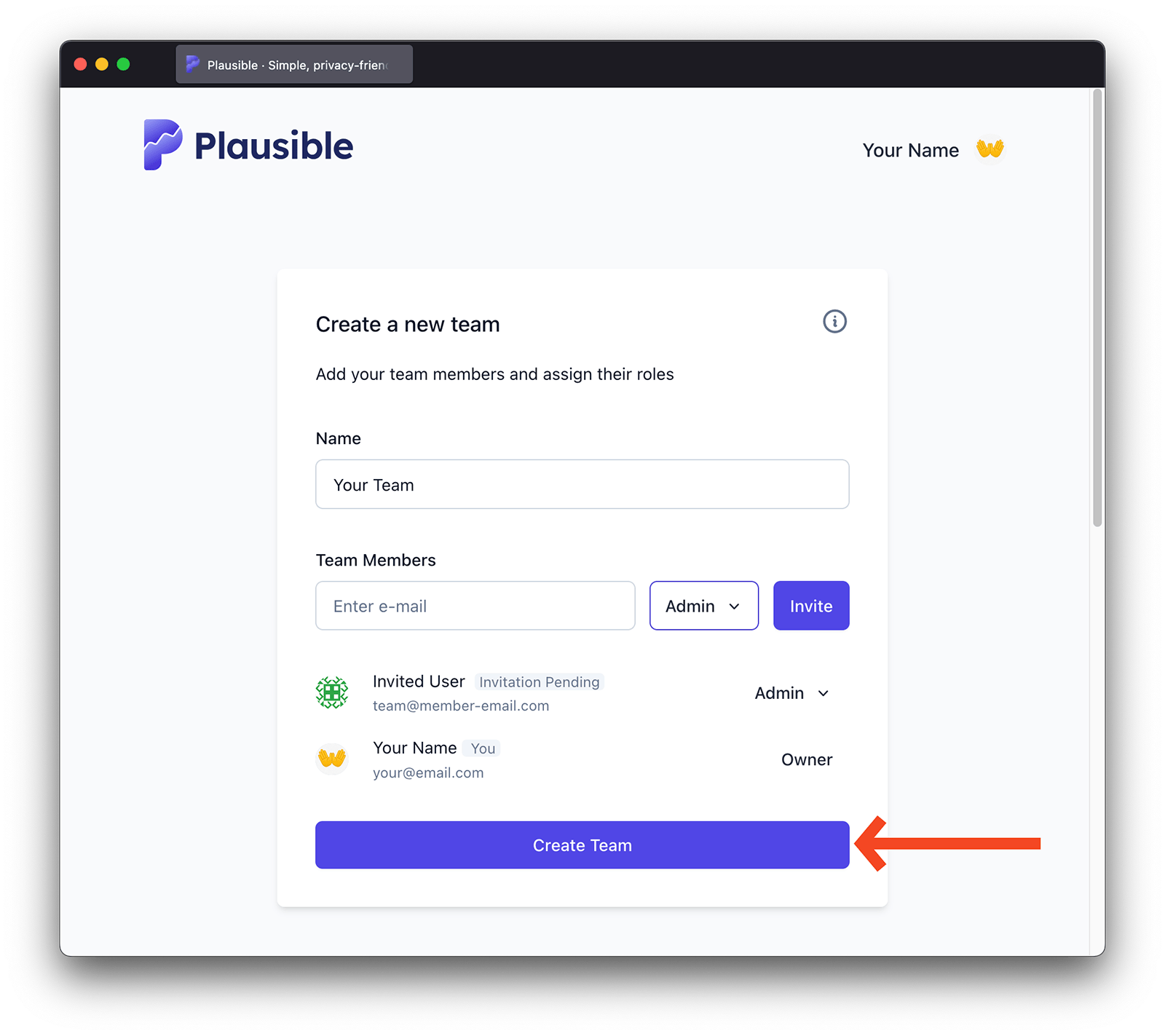 Create a team button