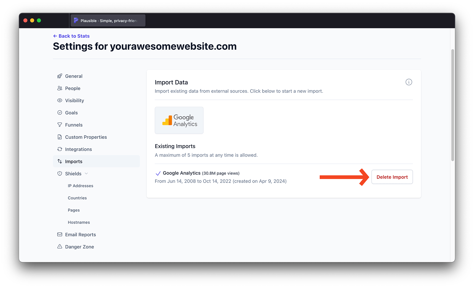 Delete Google Analytics data from Plausible