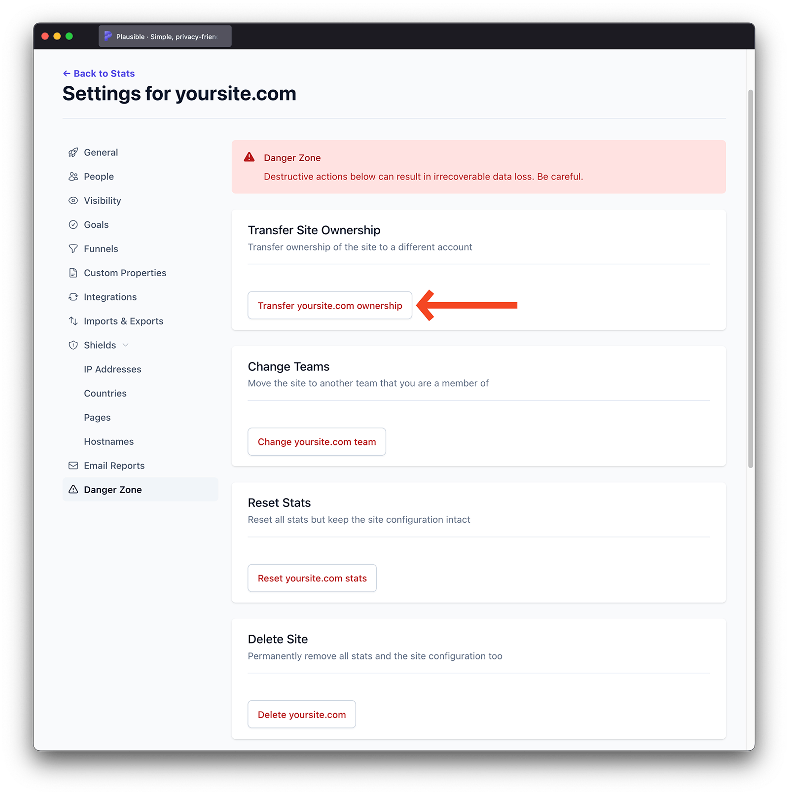 Transfer ownership of a site to a different user