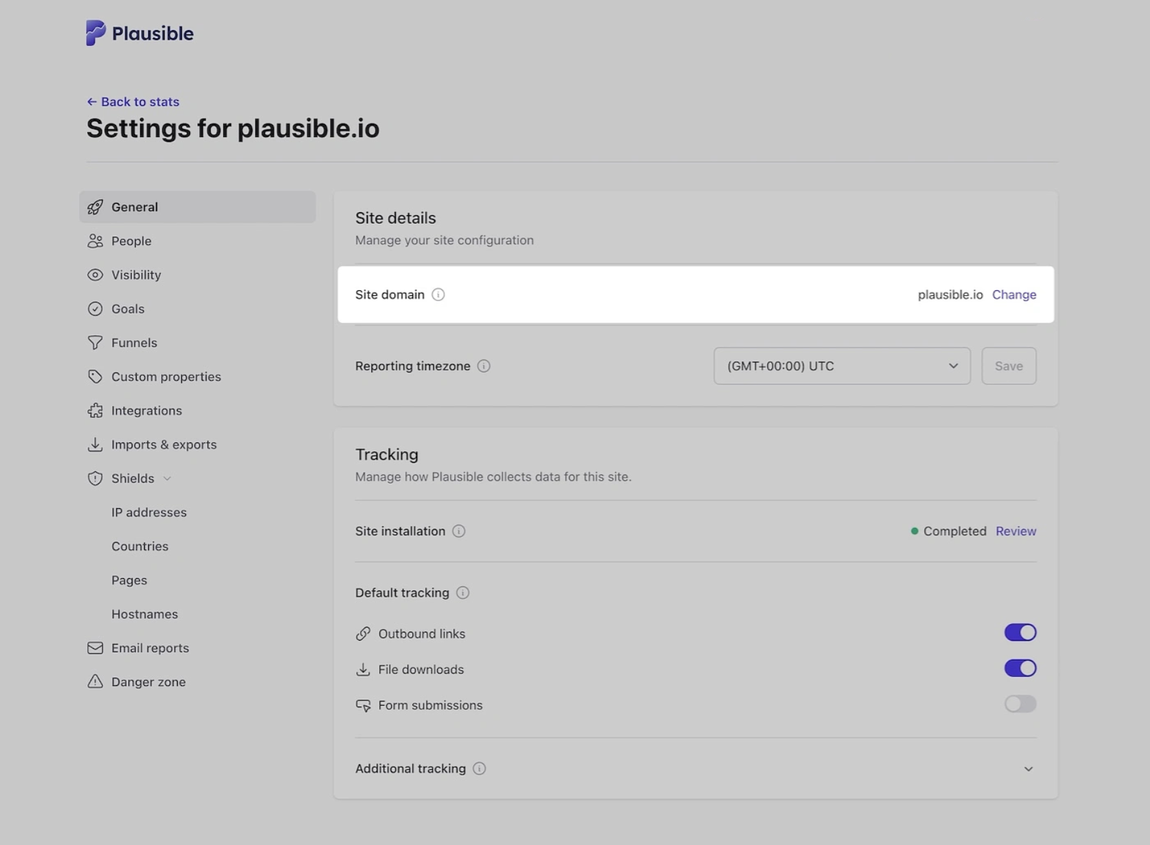 Change the site domain in Plausible site settings