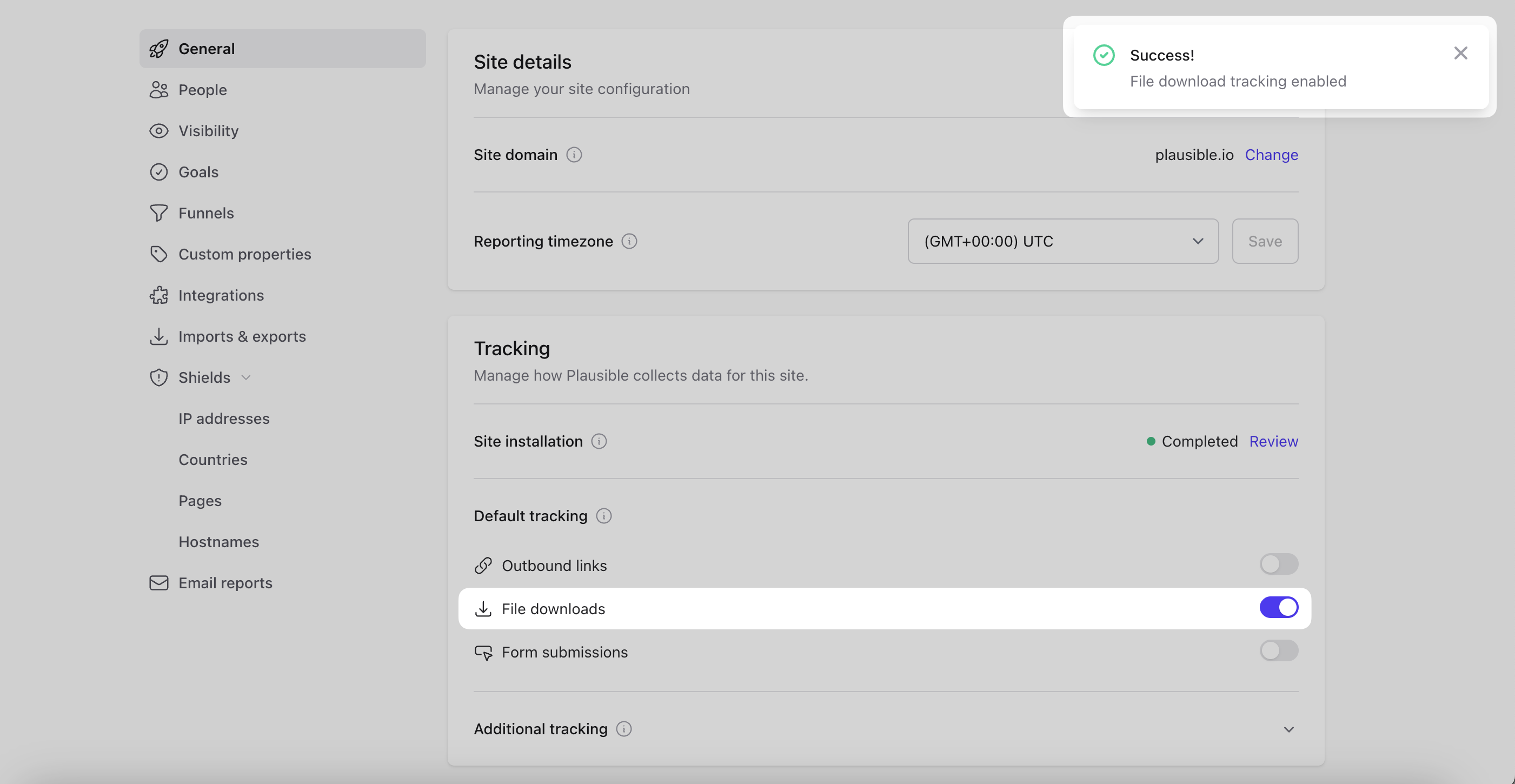 Enable file download tracking in Plausible site settings