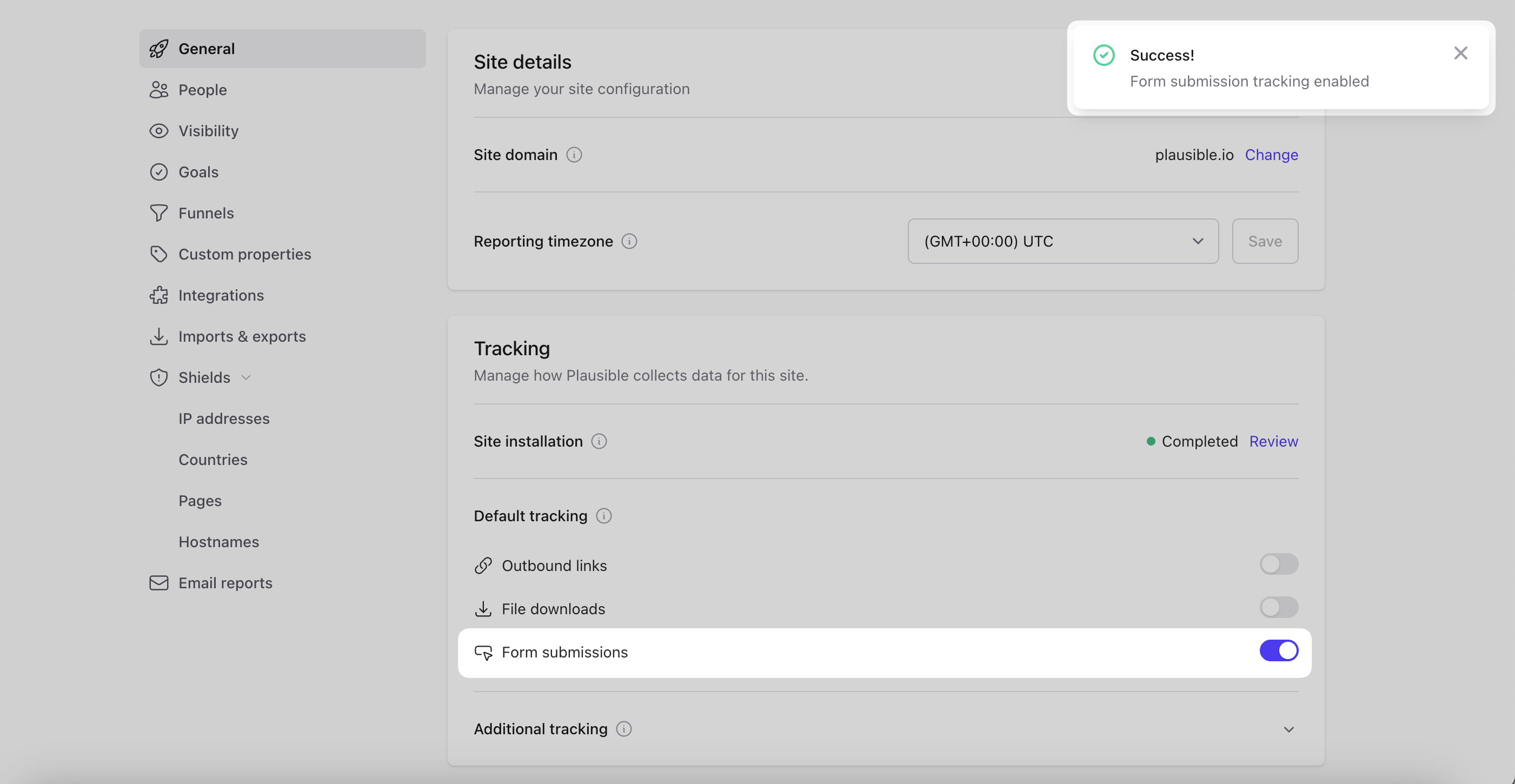Enable form submission tracking in Plausible site settings
