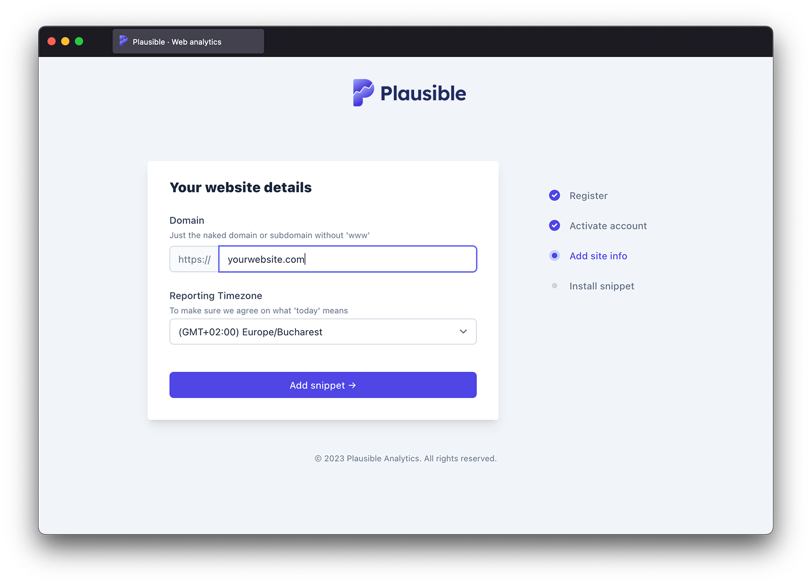 Add your website details to Plausible Analytics