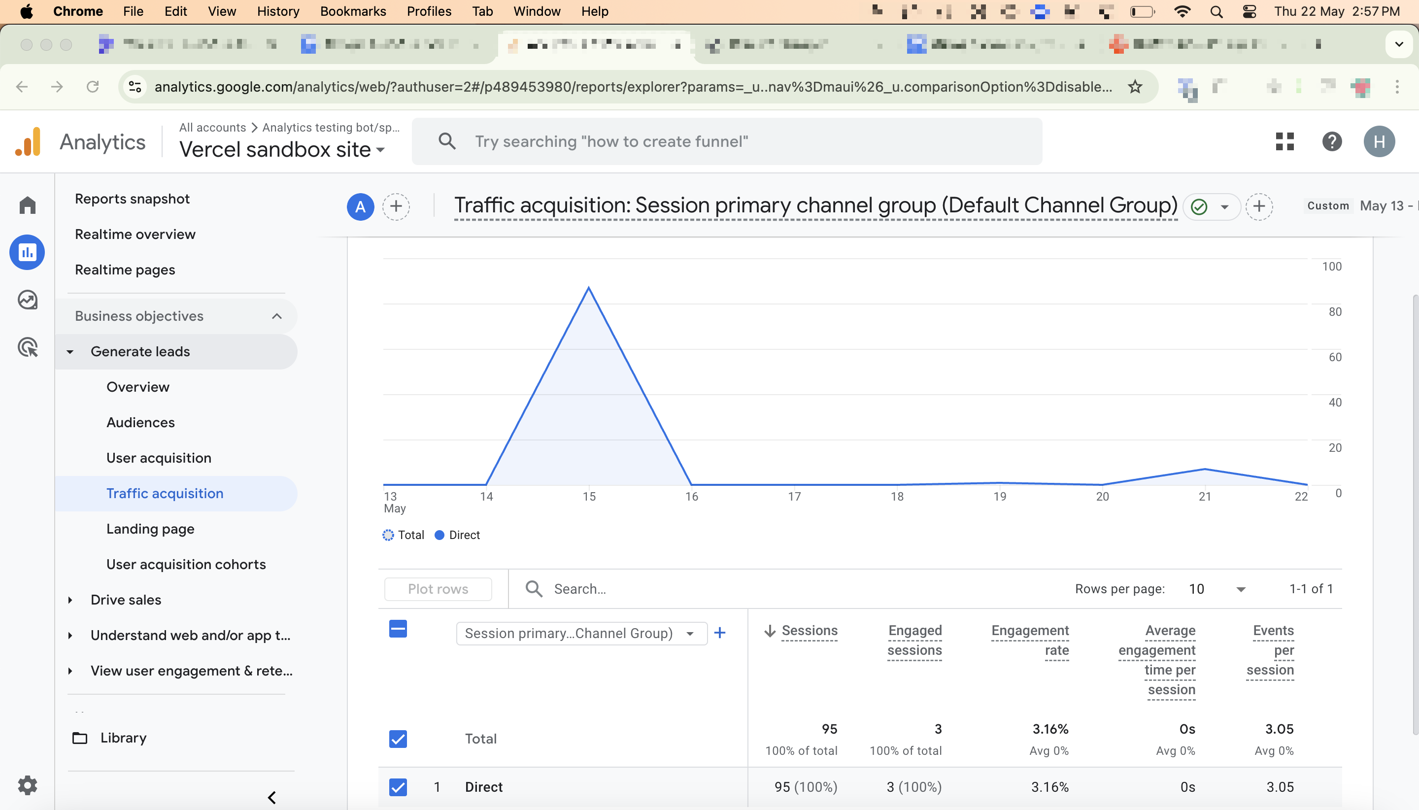 Traffic acquisition report in GA4 showing bot traffic Traffic acquisition report in GA4 showing bot traffic