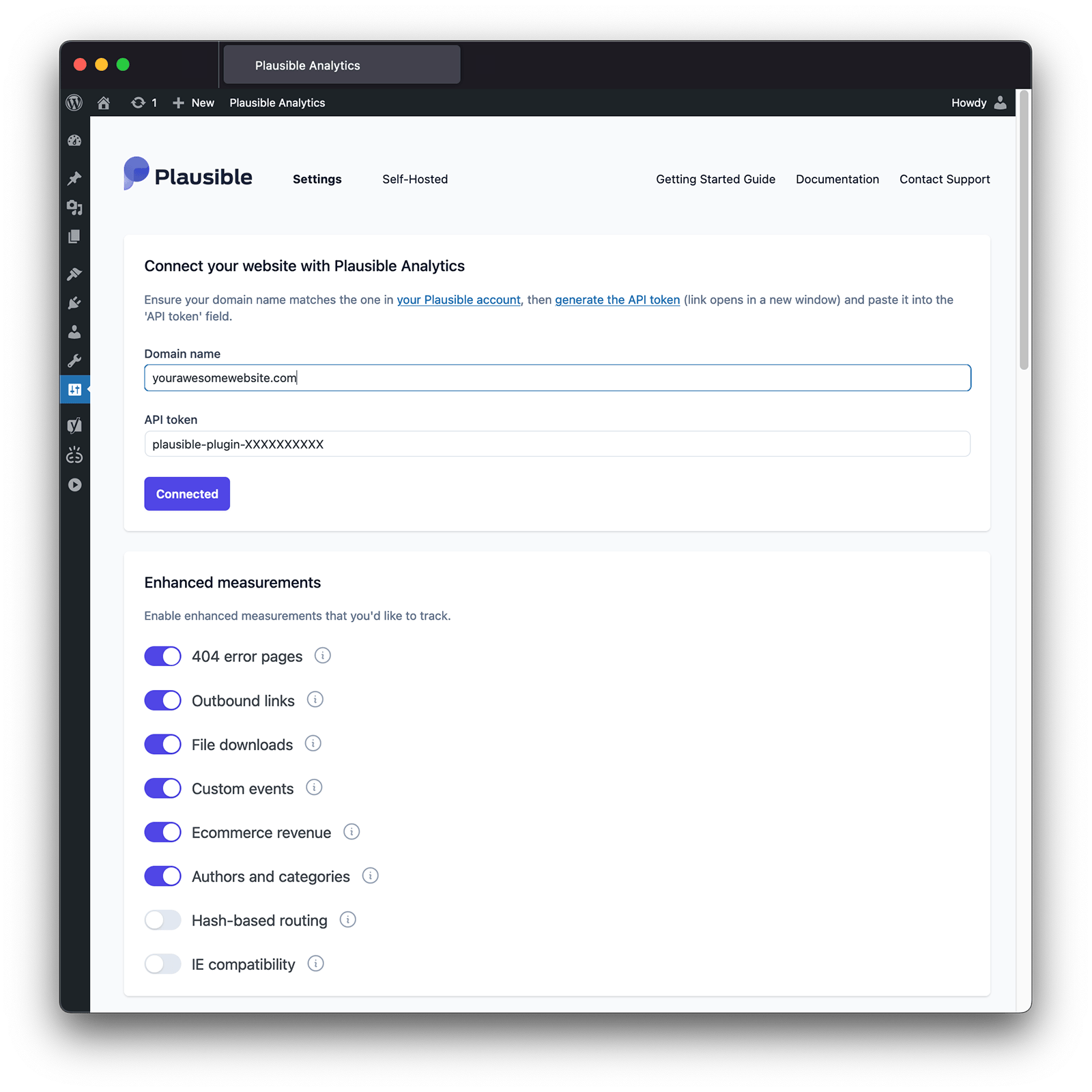 Plausible Analytics WordPress plugin settings