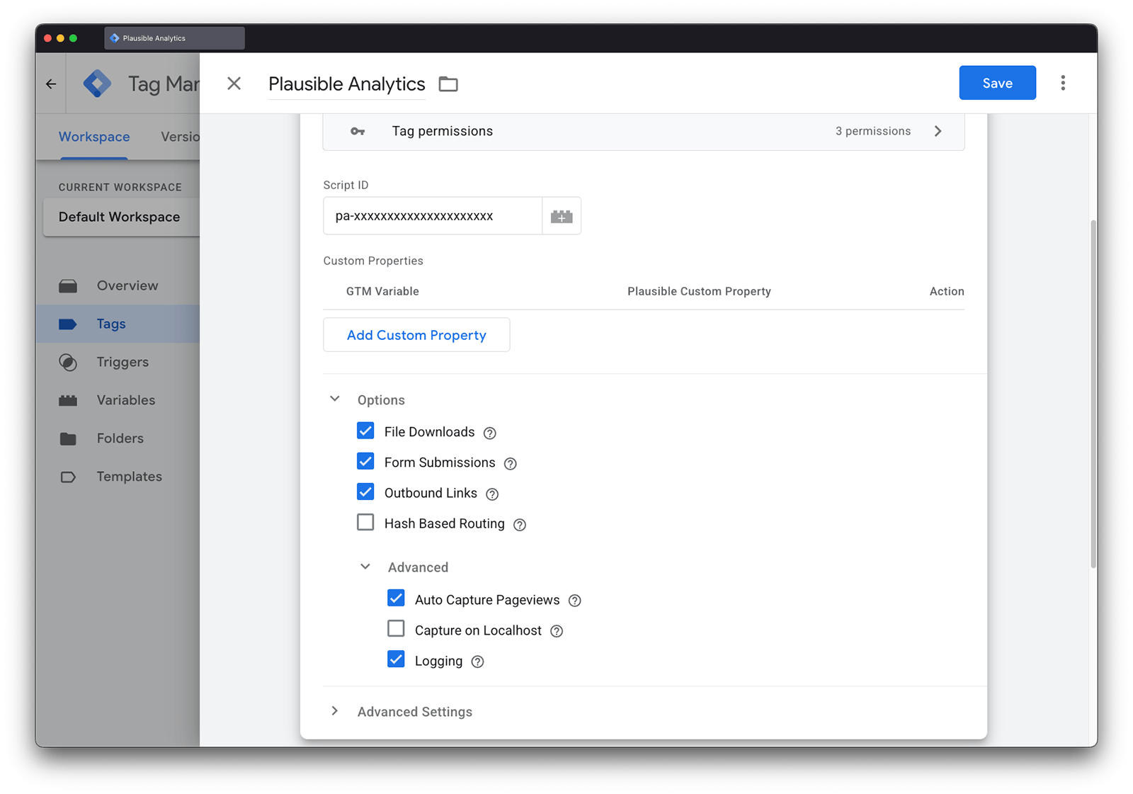 Plausible GTM Template New Tag Configuration options Plausible GTM Template New Tag Configuration options