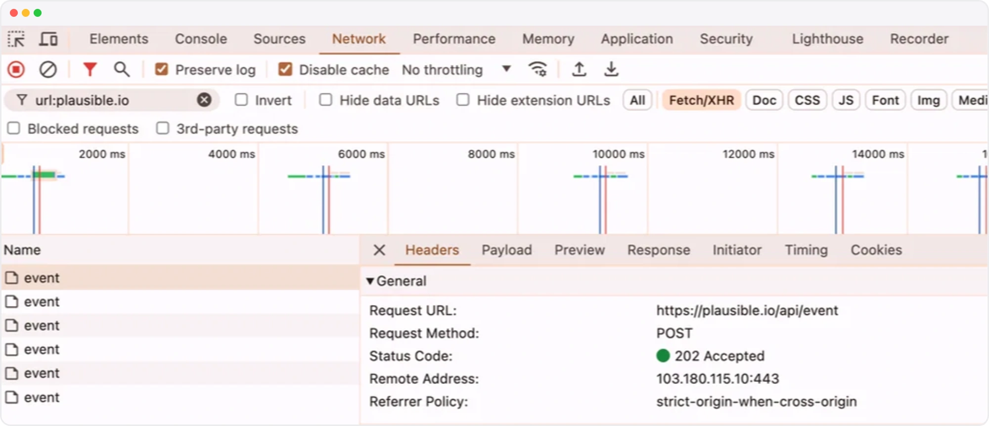 Browser Network tab showing a successful Plausible event request